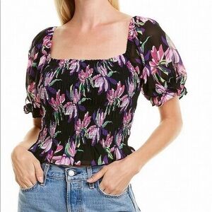 NEW WAYF Black Birds Smocked Crop Top Blouse Size Large